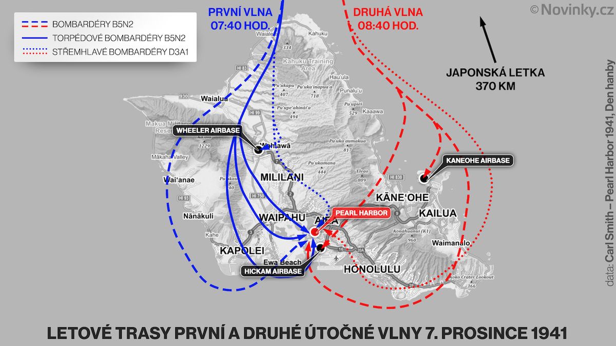 Letové trasy první a druhé útočné vlny 7. prosince 1941