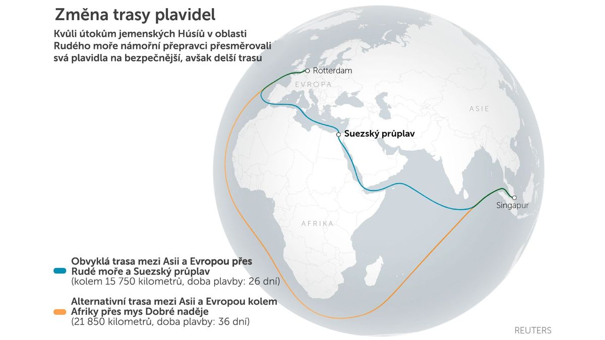 Kapacita přepravy mezi Asií a Evropou se může kvůli Rudému moři snížit až o 20 procent