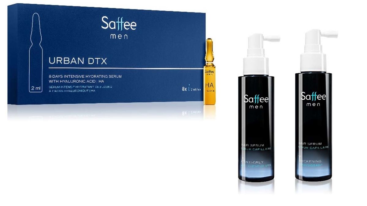 Saffee Men Urban DTX – intenzivní hydratační sérum s kyselinou hyaluronovou pro mladistvý vzhled, 525 Kč; Saffee Men – vlasové sérum proti řídnutí vlasů, 579 Kč; Saffee Men – vlasové sérum proti šedivění vlasů 625 Kč. Vše Notino