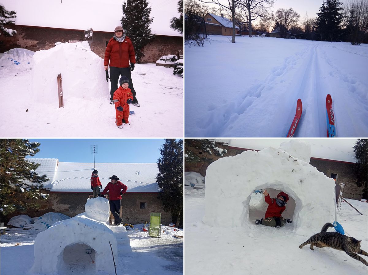 Michal s manželkou a třemi dětmi si v polabských Cerhýnkách sněhu obvykle moc neužívají. Letos jim ale zima přála, a tak postavili na dvorku iglú s kluzištěm a na zahradě běžkařskou dráhu. 