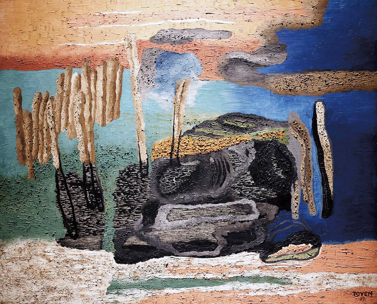 Obraz Jezerní krajina z předválečného období Toyen, pro které jsou typické drsné, rázné, jakoby mužské tahy štětcem.