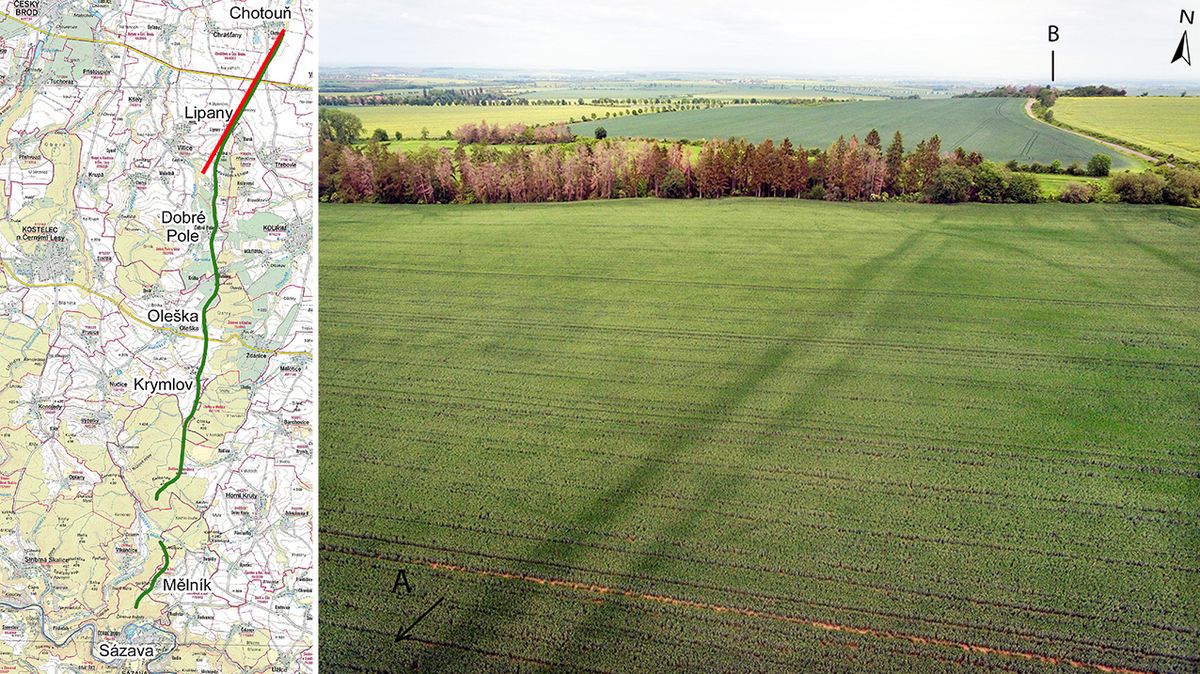 Vlevo na mapce podezřele přímá linie Čertovy brázdy u Lipan, na fotografii pak je dvojitá linie vyvýšeného terénu jihozápadně od Lipské hory.