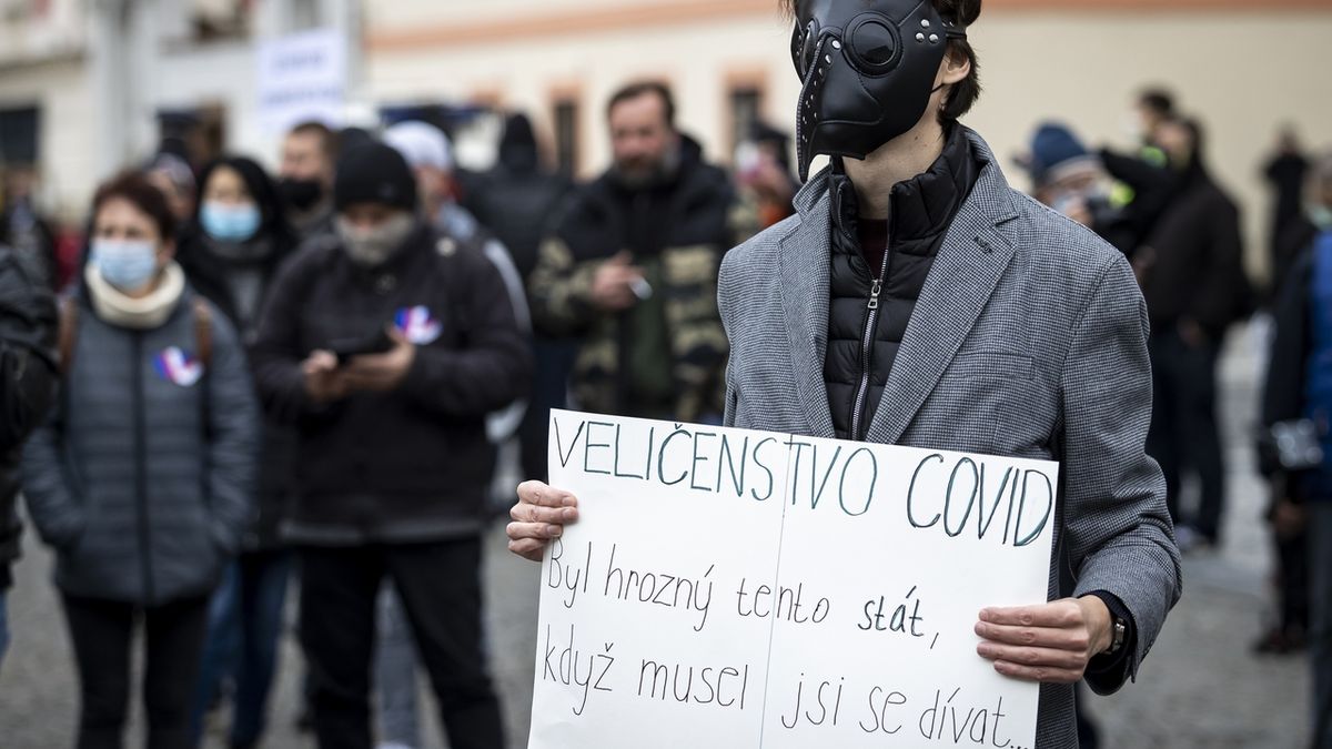 Demonstrant proti vládním opatřením na pražském náměstí Republiky