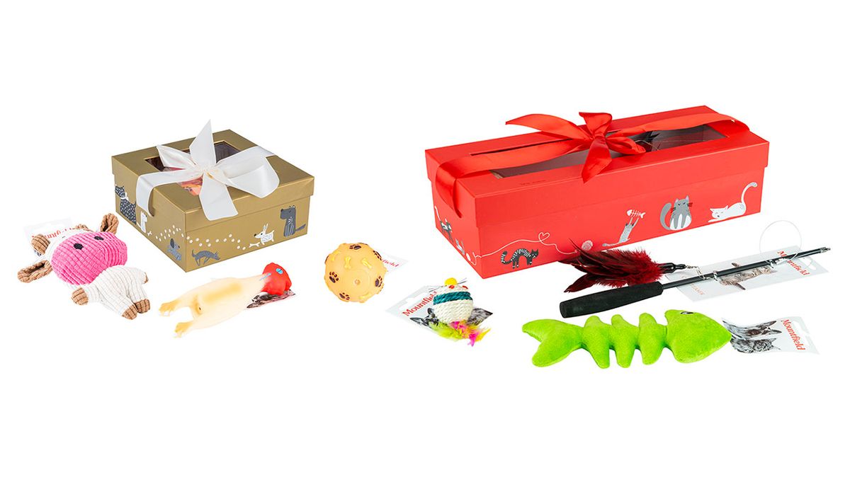 Dárkové balíčky pro čtyřnohé mazlíčky mohou obsahovat sérii oblíbených dárků. Cena za zlatý box pro psy i za červený pro kočky je shodně 199 Kč.
