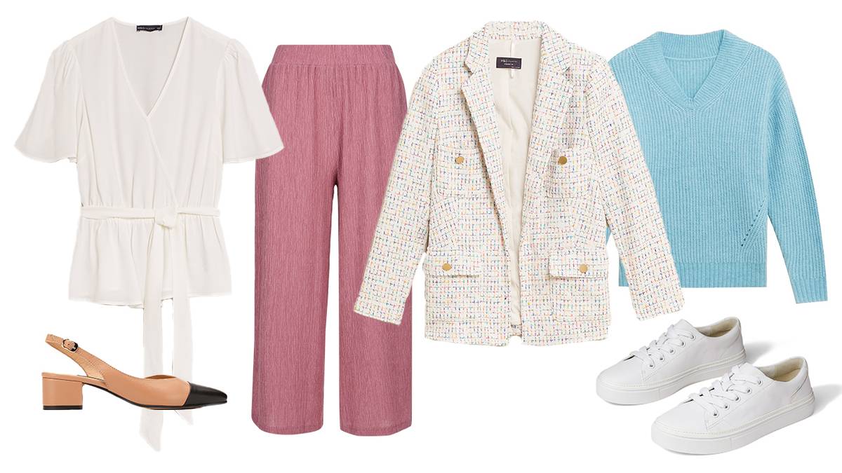 Zleva: Halenka, Marks&Spencer, 1099 Kč. Zkrácené kalhoty, s.Oliver, 999 Kč. Tvídové sako, Marks&Spencer, 2999 Kč. Texturovaný svetr, Marks&Spencer, 899 Kč. Boty, Gino Rossi (prodává CCC), 1699 Kč. Tenisky, Matt&Nat (prodává Urbanlux.cz), 2699 Kč.