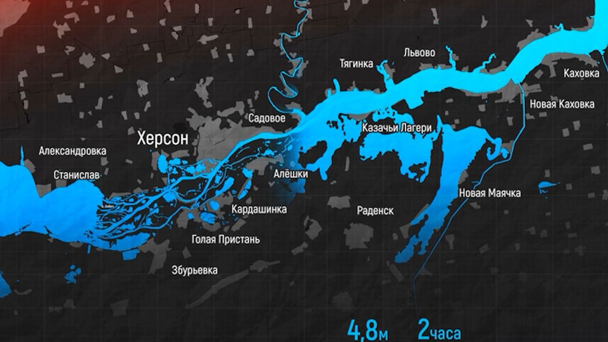 Animace ukazuje možné následky protržení Kachovské přehrady
