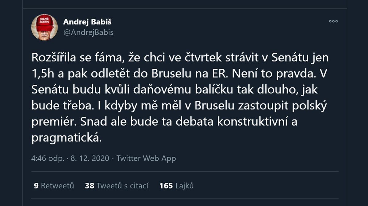 Tweet Andreje Babiše z 8. 12. 2020