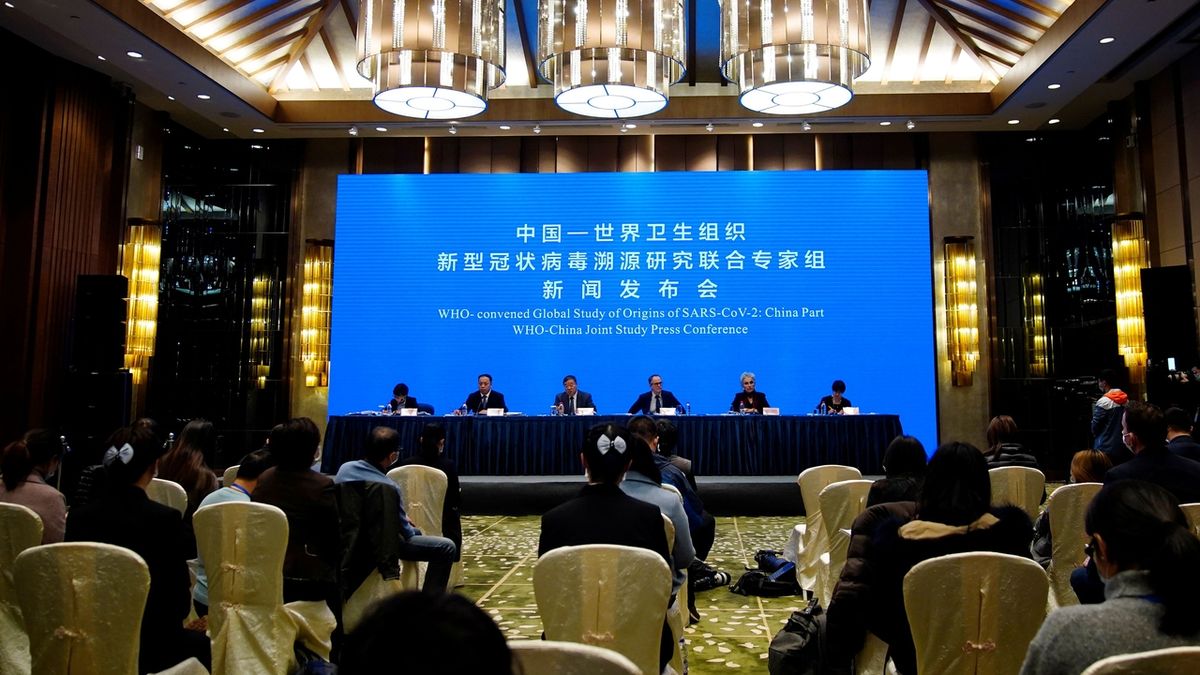 Vyšetřovací tým Světové zdravotnické organizace během tiskové konference v čínském Wu-chanu