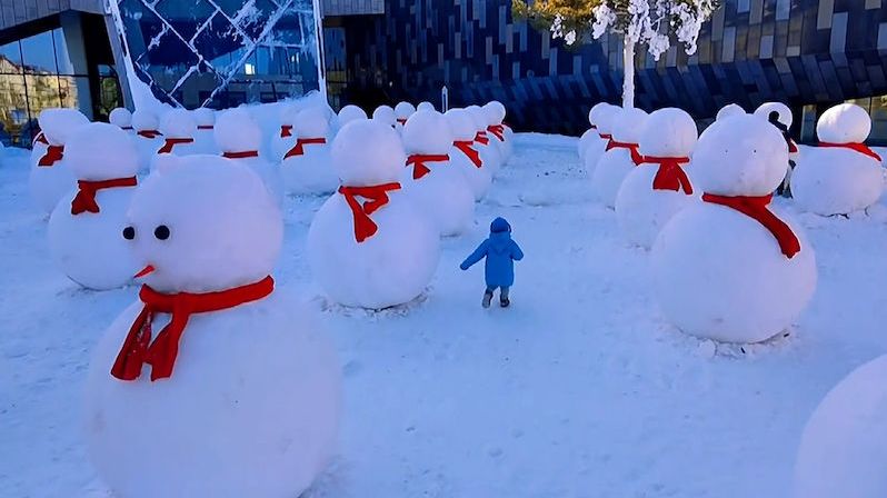 Bagry postavily před hotelem stovku úhledných sněhuláků