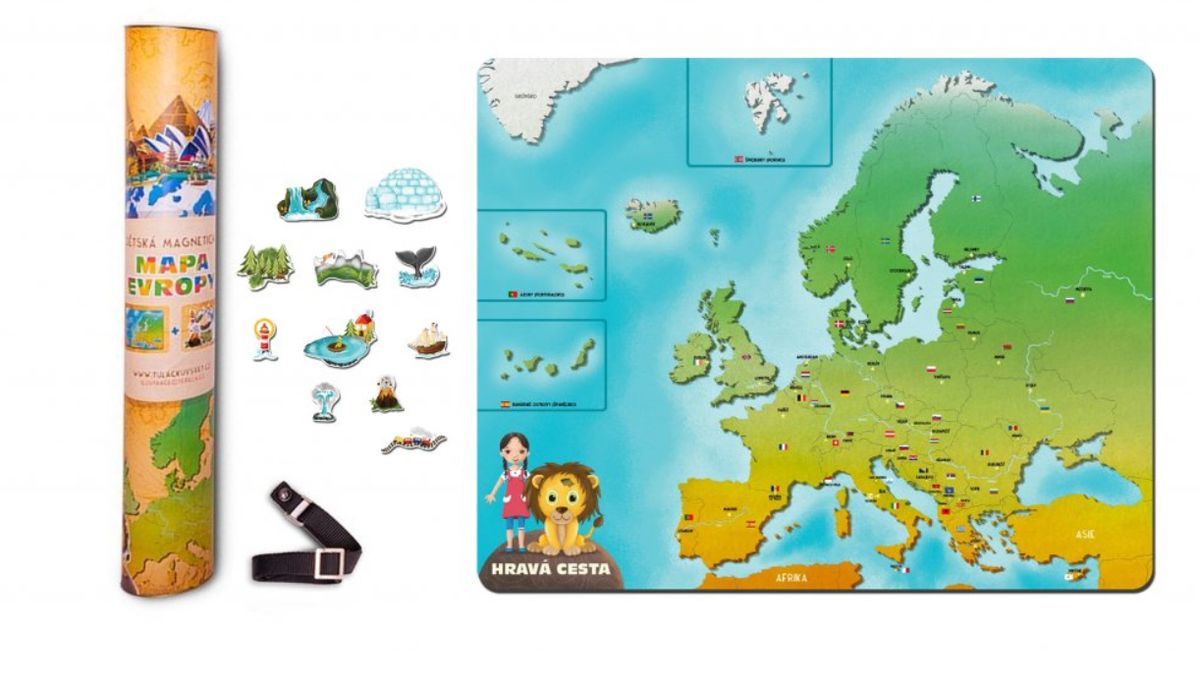 Tuláčkův svět - Dětská magnetická mapa Evropy 44 x 56 cm, je ilustrovaná. K mapě dostanete 11 dekorativních magnetek, díky kterým se dětem mapa líbí a rády po ní cestují, tulackuvsvet.cz, 1399 Kč.