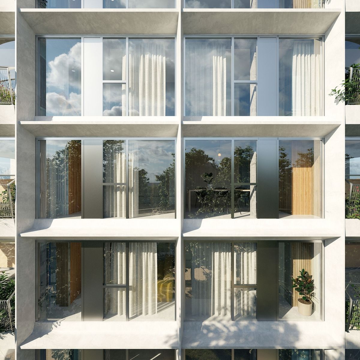Aby byty působily prostorně a vzdušně, počítá návrh s celoprosklenými okny a rozšířením o balkóny se zelení.