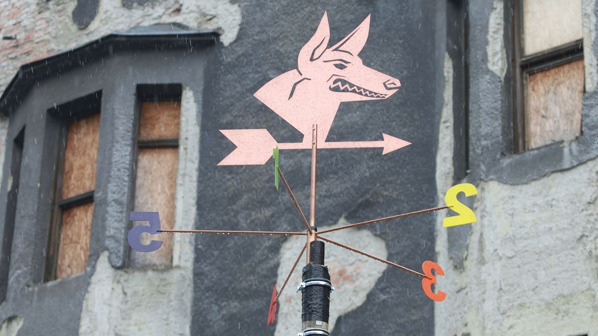 Korouhev s hlavou psa symbolizující protiepidemický systém ČR (PES) u obchodního domu Ostravica-Textilia v centru Ostravy.