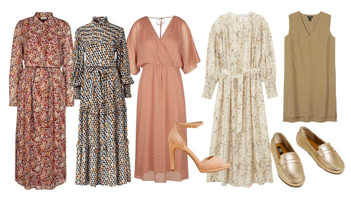 Zleva: šaty, s.Oliver, 3599 Kč. Šaty, C&A, 2698 Kč. Šaty, s.Oliver, 3599 Kč. Boty na podpatku, Marks & Spencer, 1099 Kč. Šaty, Lindex, 1499 Kč. Krátké šaty, Lindex, 899 Kč. Mokasíny, Marks & Spencer, 1599 Kč