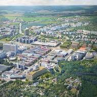 Na vizualizaci najdeme ve spodní části snímku MUNI BioPharma Hub se zelenou střechou.