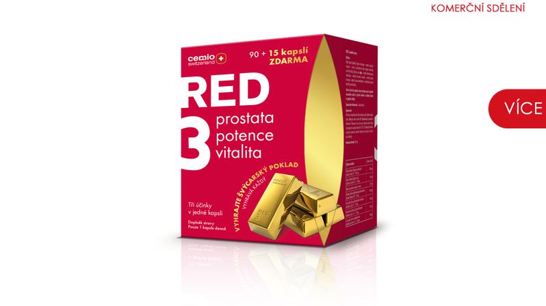 Darujte originální švýcarský přípravek nové generace Cemio RED 3, který slibuje tři účinky v jedné kapsli. Doplněk stravy přírodní silou působí na prostatu, potenci a pozitivně ovlivňuje celkovou vitalitu. Cemio RED3®, 90+15 kapslí, cena: 529,-