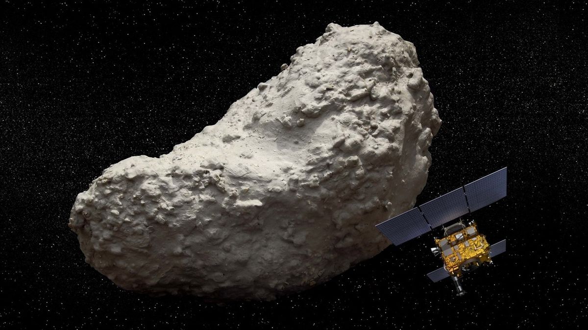 Ilustrace sondy Hajabusa 1 u asteroidu Itokawa.
