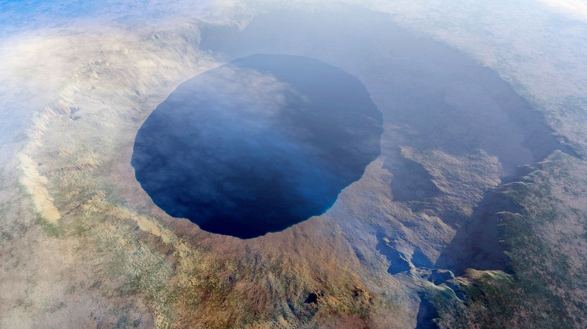 Počítačová ilustrace německého kráteru Ries krátce po pradávné události