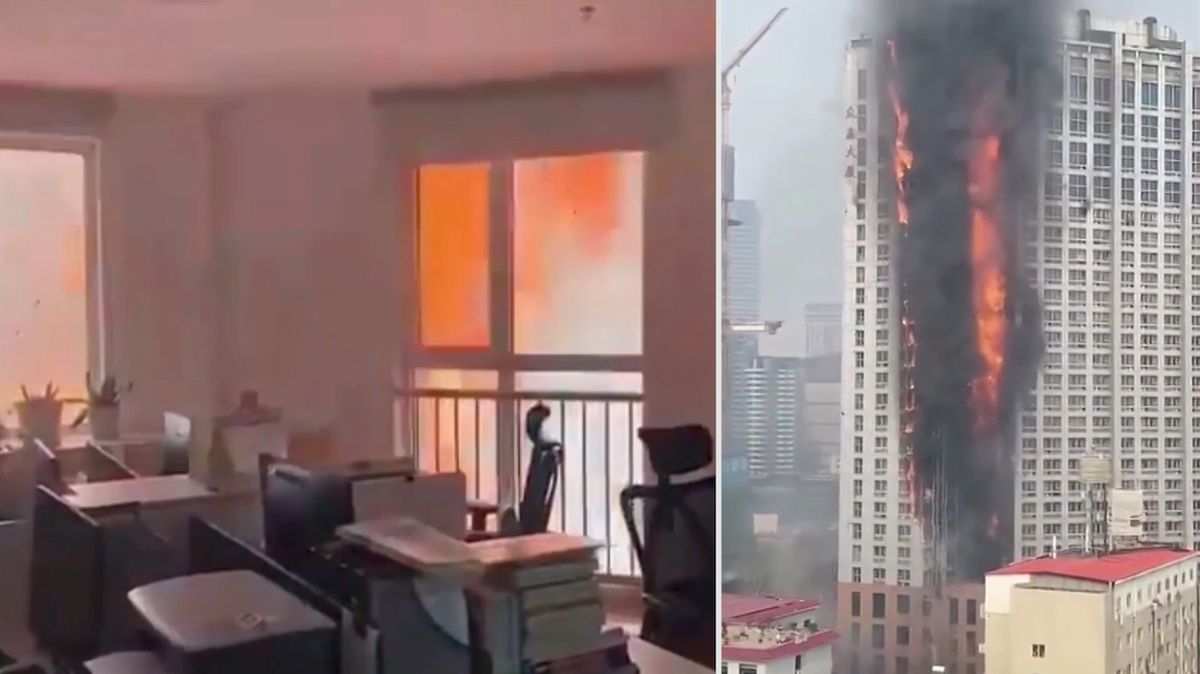 Pohled z okna hořícího mrakodrapu: V Číně zachvátil požár 111metrovou budovu