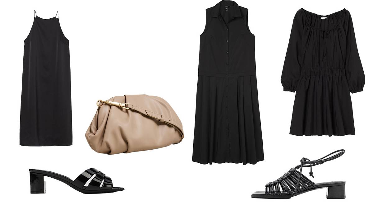 Zleva: saténové šaty, H&M, 599 Kč. Nazouváky na podpatku, Gino Rossi (prodává CCC), 1699 Kč. Psaníčko, Marks & Spencer, 899 Kč. Košilové šaty, Lindex, 1299 Kč. Krátké šaty, H&M, 399 Kč. Šněrovací sandály By Malene Birger (prodává Zalando), 9480 Kč