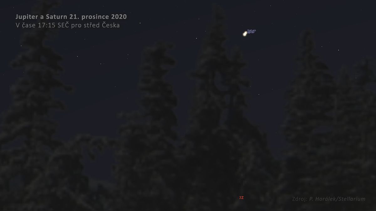 Největší přiblížení Jupiteru a Saturnu 21. prosince - simulační snímek