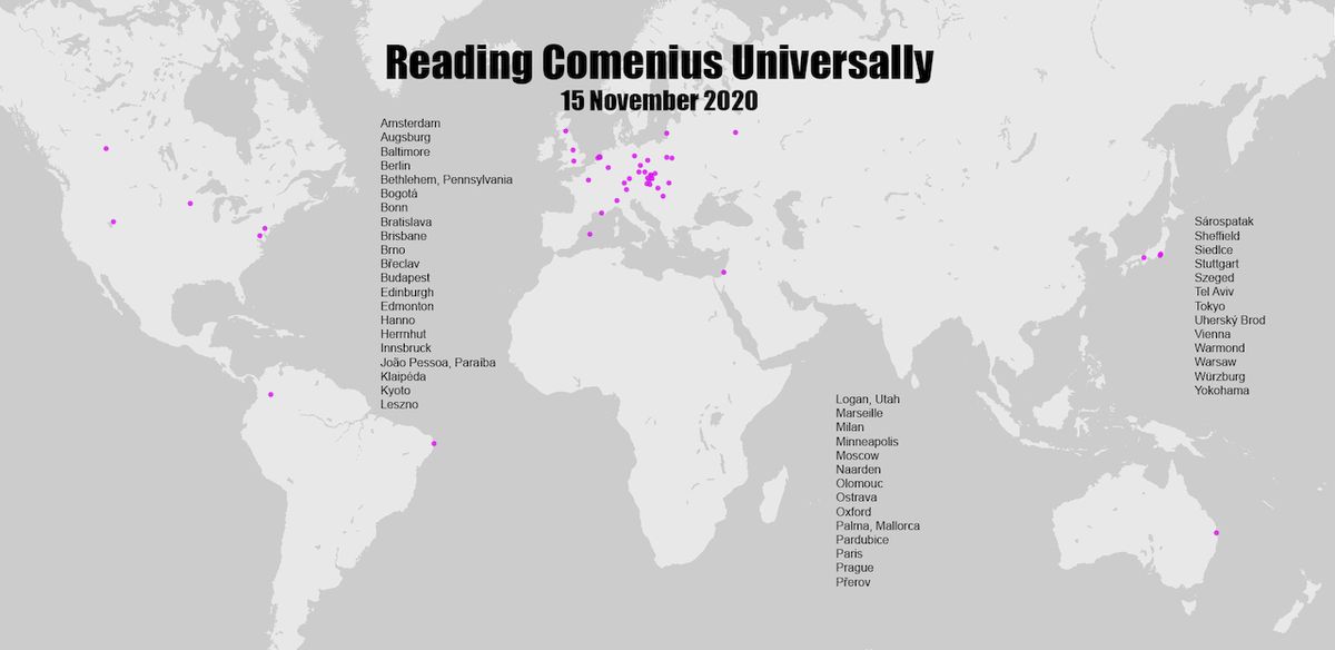Mapa zapojených měst do celodenního čtení z Komenského díla