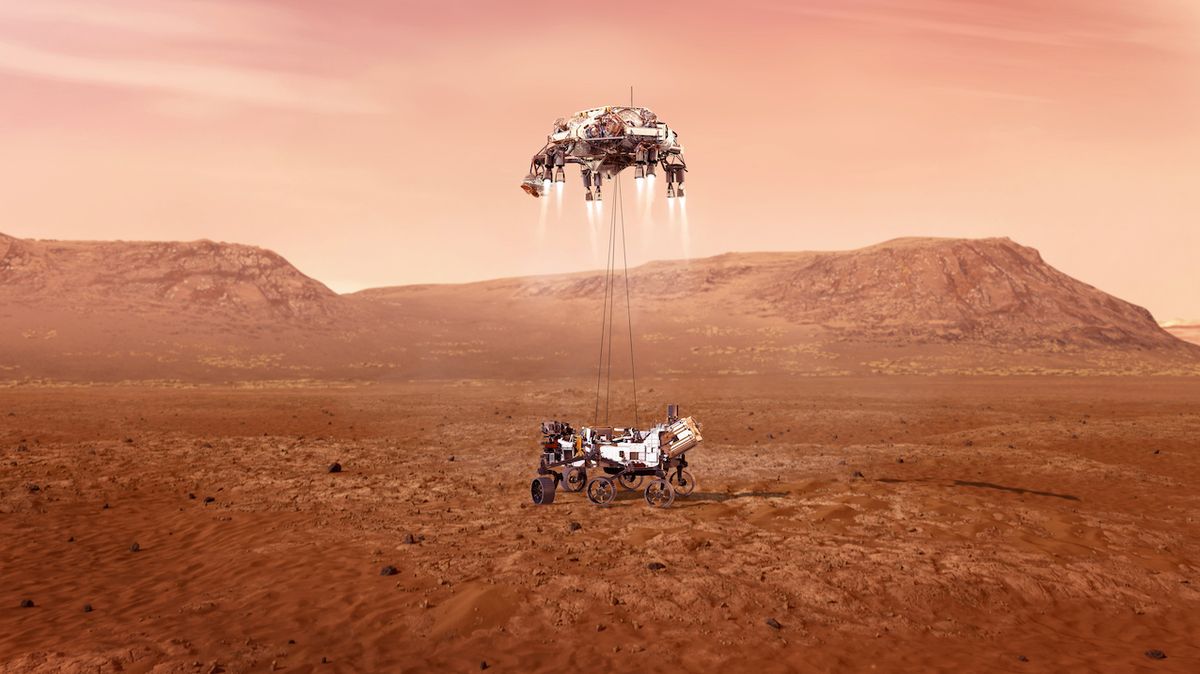 Ilustrace bezpečného přistání roveru Perseverance na Marsu dne 18. února 2021