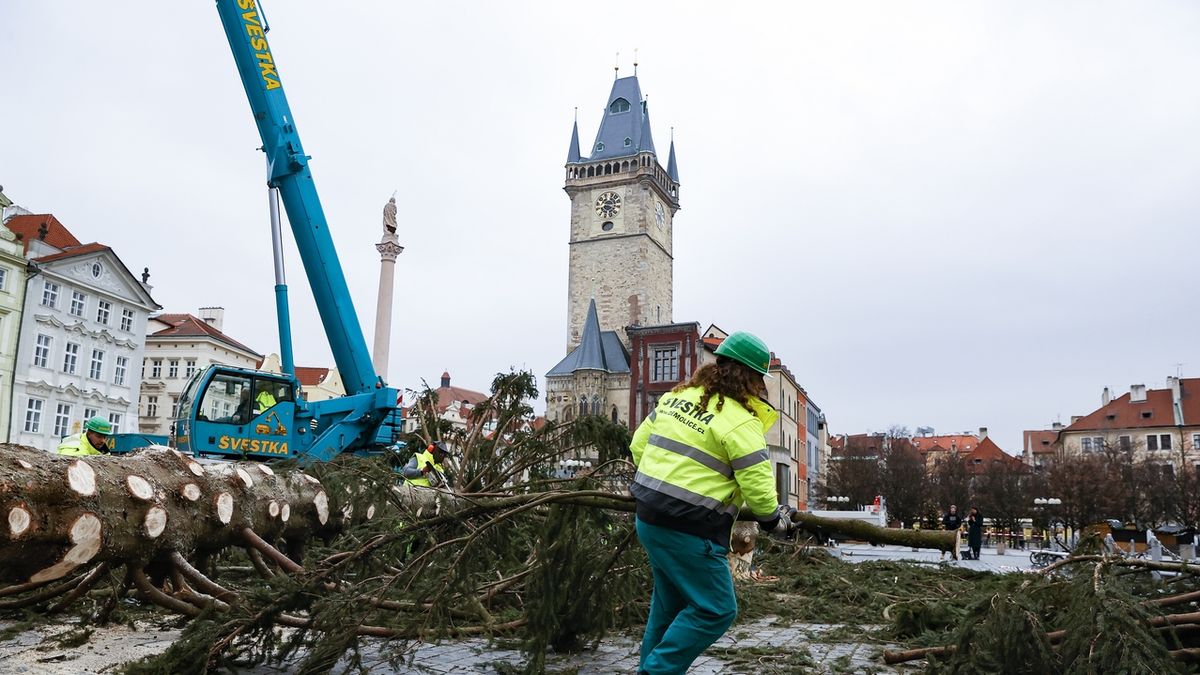 FOTO: Praha odstranila vánoční strom ze Staroměstského náměstí