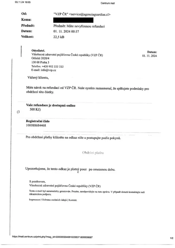 Podvodný e-mail vydávající se za VZP