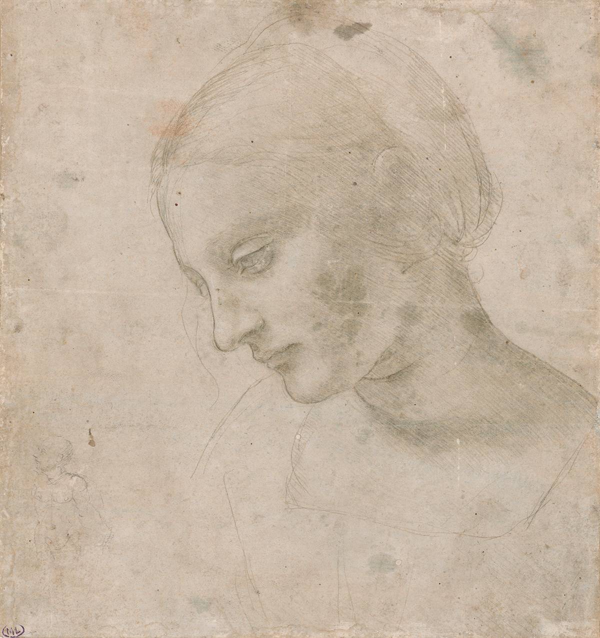 Leonardo da Vinci, Hlava ženy z profilu, 1478-1481, šedý papír, velikost 17,9 × 16,8 cm, ze sbírky Museé du Louvre, Paříž