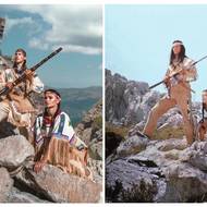 Srovnávací fotky; vlevo Vinnetou a Nšo-či z Westernového městečka Boskovice (Michal Bednář a Natálie Nováková), vpravo Pierre Brice a Marie Versini.