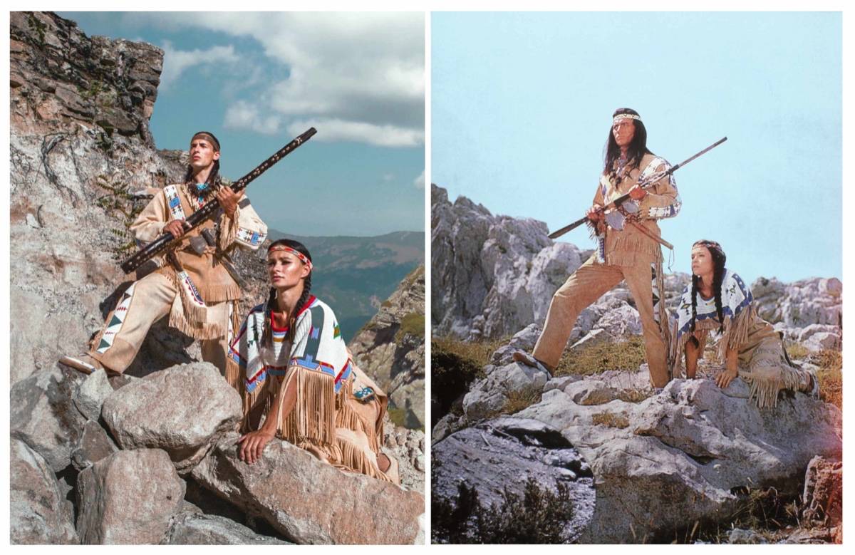 Srovnávací fotky; vlevo Vinnetou a Nšo-či z Westernového městečka Boskovice (Michal Bednář a Natálie Nováková), vpravo Pierre Brice a Marie Versini.