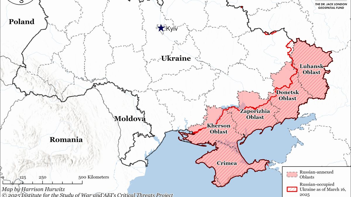 Žádná přírodní překážka. Hranice podél stávající linie by se Ukrajině těžko bránila