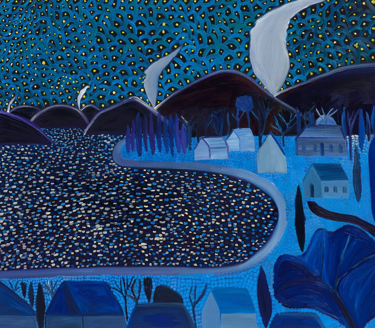 Matthew Wong, Hvězdná noc, 2019, olej na plátně, 152,4 × 177,8 cm