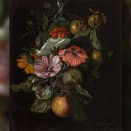 Obraz autorky Rachel Ruyschové s názvem Zátiší s květinami a ovocem z roku 1682