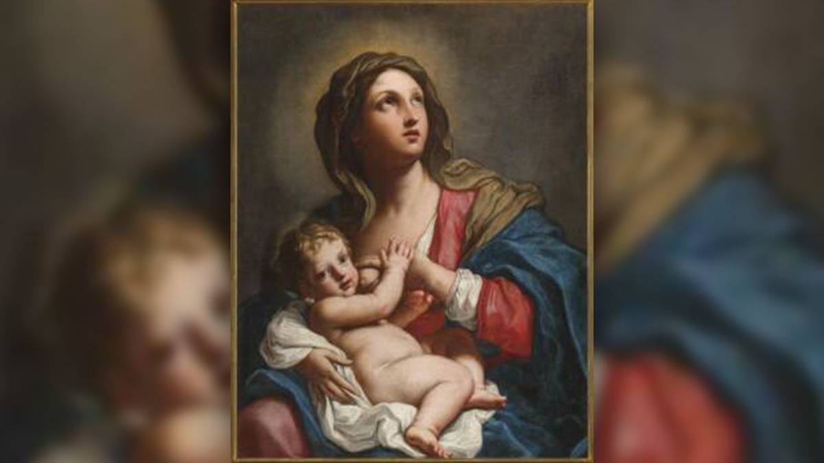 Obraz italské malířky Elisabetty Sirani Kojící madona z roku 1663, který je součástí výstavy Ženy, mistryně, umělkyně 1300-1900 ve Valdštejnské jízdárně v Praze