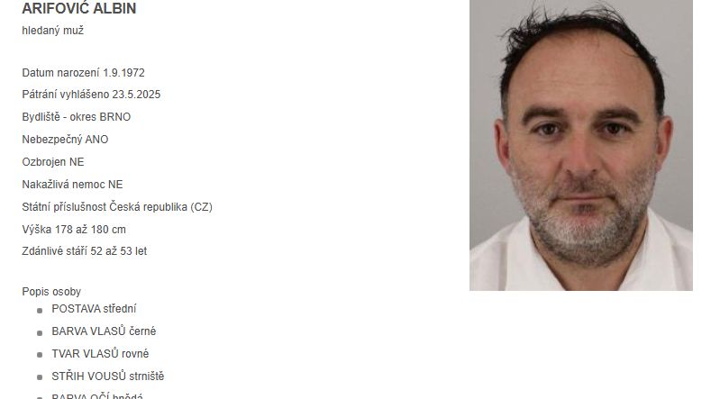 Policie v Brně pátrá po podnikateli Arifovičovi. Vede ho jako nebezpečného