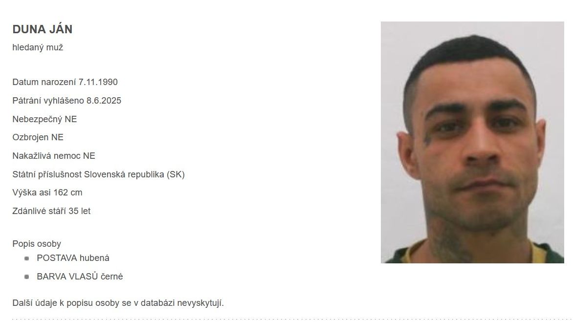 Policie na Královéhradecku hledá uprchlého vězně slovenské národnosti