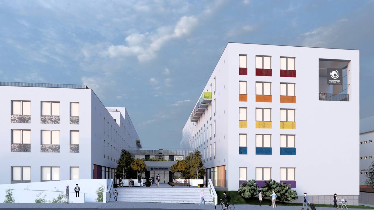 Budoucí podoba nových kolejí Ostravské univerzity (vizualizace).