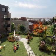 V novém bytovém komplexu budou i obchody, komunitní zahrady a relaxační zóny (vizualizace).