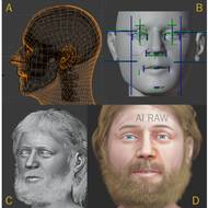 Postup vědců. Od vizualizace obličeje, přes doplnění měkkých tkání (B), vlasů a vousů (C) po detaily doplněné pomocí umělé inteligence (D)