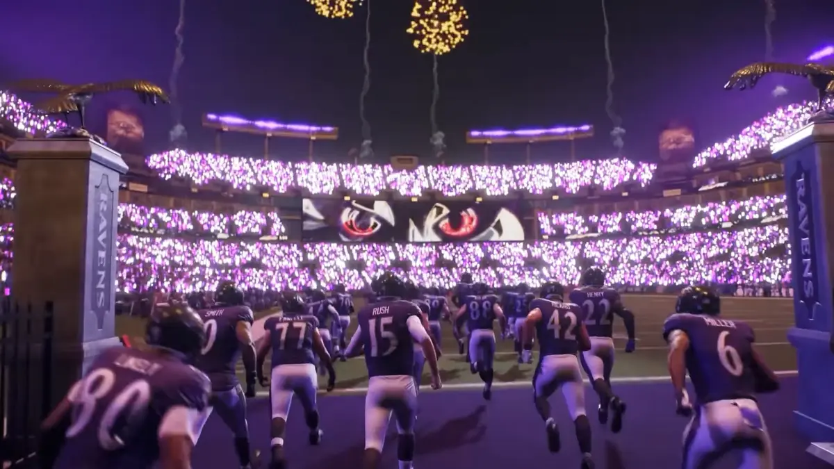 Visual promo of digital gridiron simulation gameplay from Madden NFL 26.