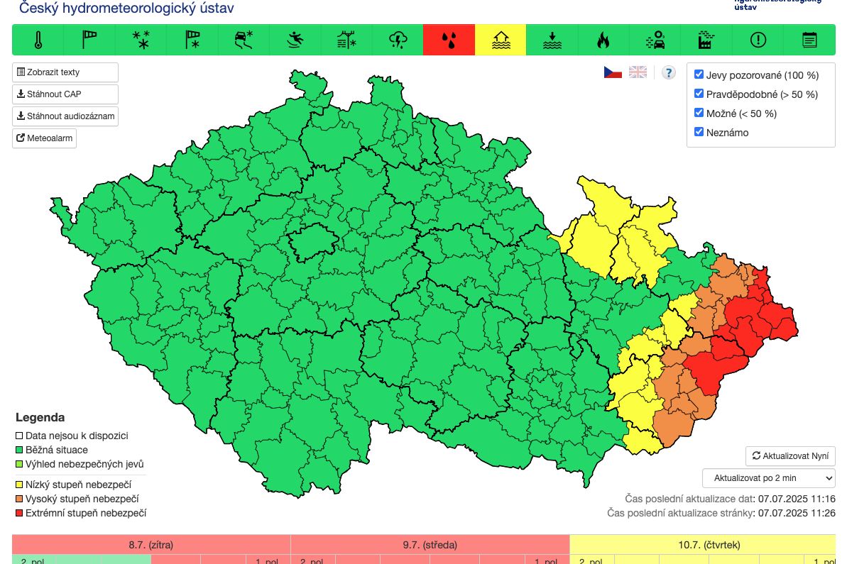 Srážky na východě republiky mohou být až extrémní, varují meteorologové