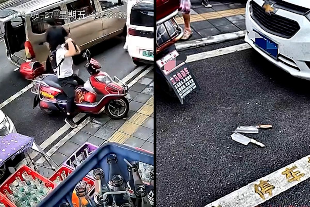 Těsně vedle motorkáře spadly ze vzduchu dva sekáčky na maso