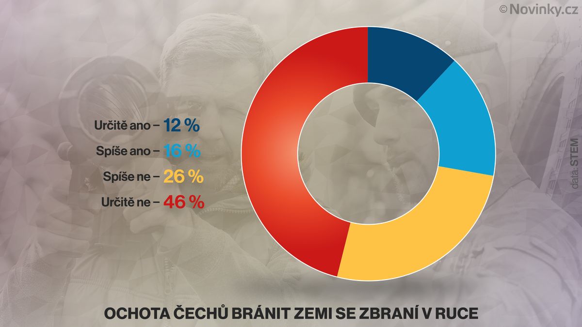 Do obrany země se zbraní v ruce by se zapojilo 28 procent Čechů