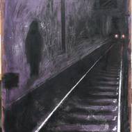 Martin Frind, obraz s názvem Muž, jenž neodjel. Autor preferuje černou, tmavě červenou a rád pracuje se stíny.