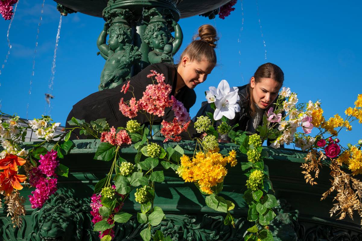 Floristka Tereza Palová (vlevo) při zdobení vzácné karvinské kašny