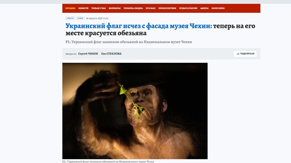 Muzeum v Praze nahradilo ukrajinskou vlajku opicí, radují se Rusové