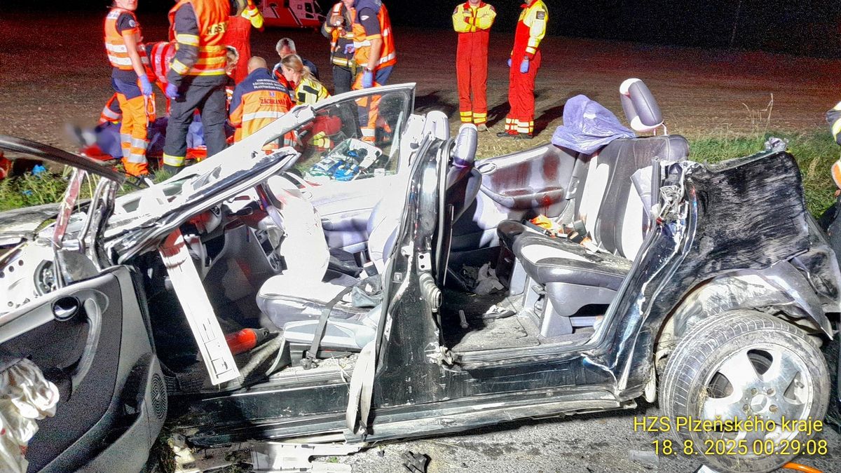 Osmnáctiletý řidič na Plzeňsku zdemoloval mercedes, jeho mladší spolujezdec je těžce zraněný