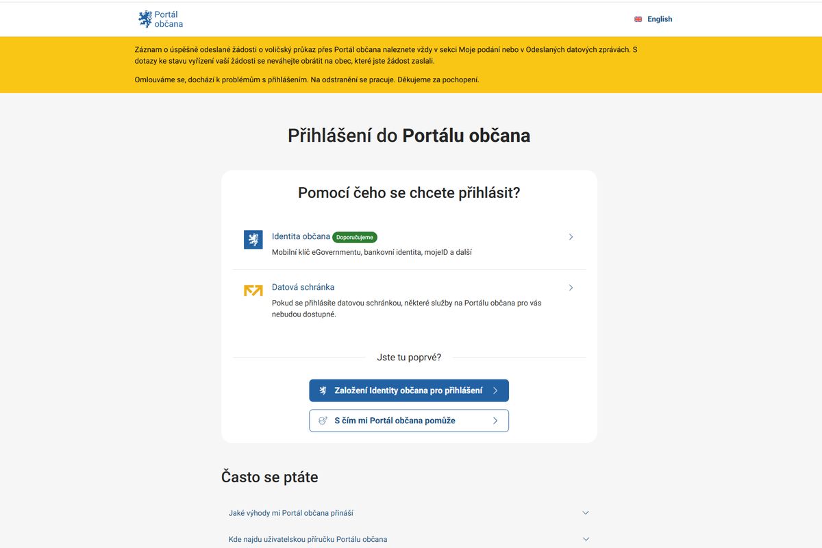 Portál občana, kde lidé mohli elektronicky žádat o voličský průkaz, hlásí výpadky