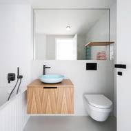 Barevně neutrální základ podlahy, stěrky a bílých obkladů malého formátu je doplněn zelenkavým umyvadlem na desce a radiátorem stejné barvy. 